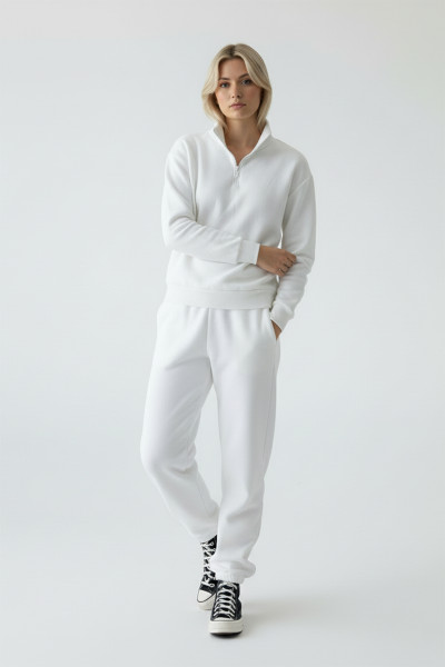 Beyaz Pamuklu Üç İplik Şardonlu Kadın Eşofman Takımı