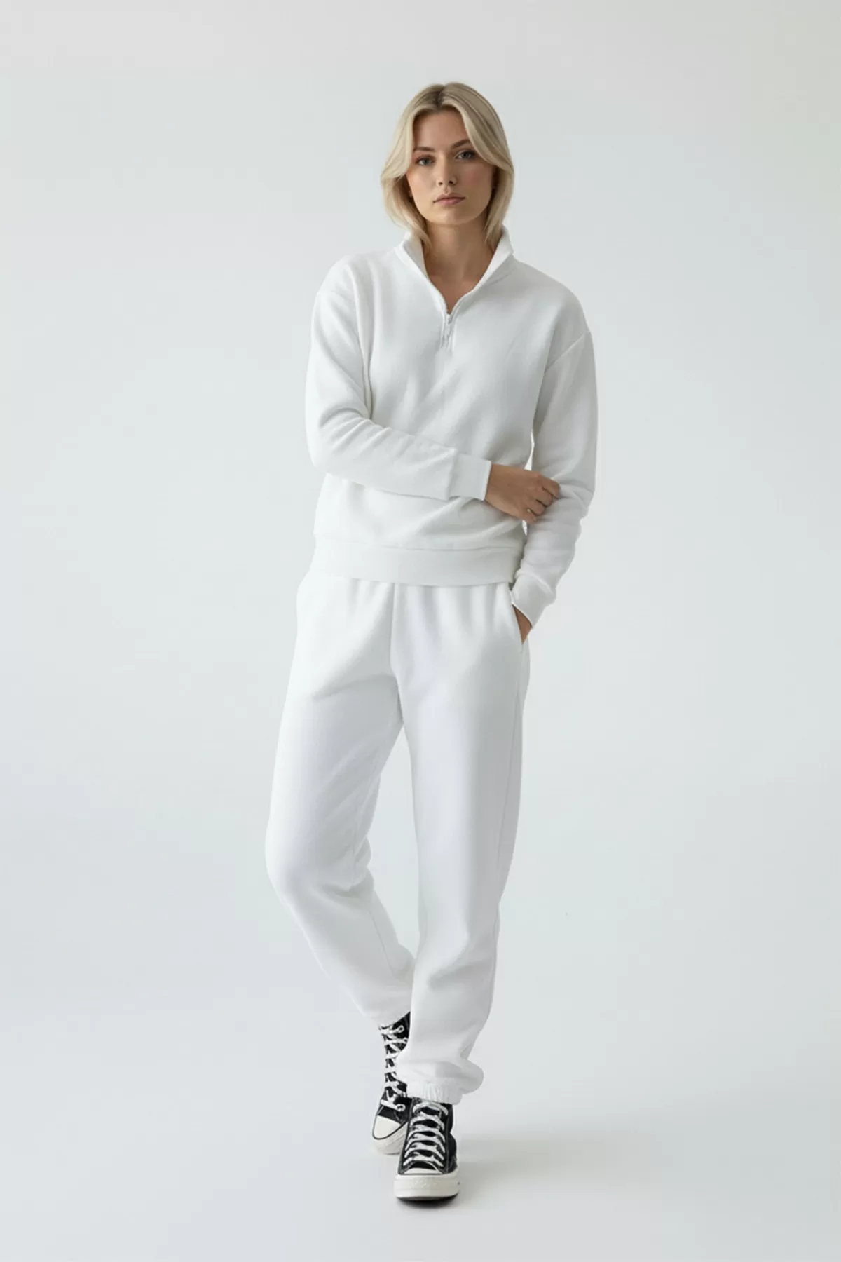 Beyaz Pamuklu Üç İplik Şardonlu Kadın Eşofman Takımı