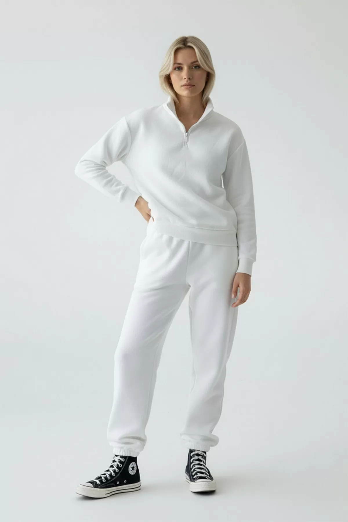 Beyaz Pamuklu Üç İplik Şardonlu Kadın Eşofman Takımı