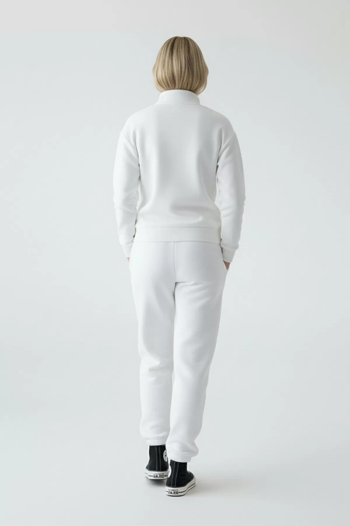 Beyaz Pamuklu Üç İplik Şardonlu Kadın Eşofman Takımı