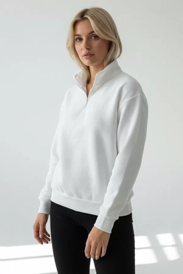 Beyaz Pamuklu Üç İplik Şardonlu Kadın Sweatshirt