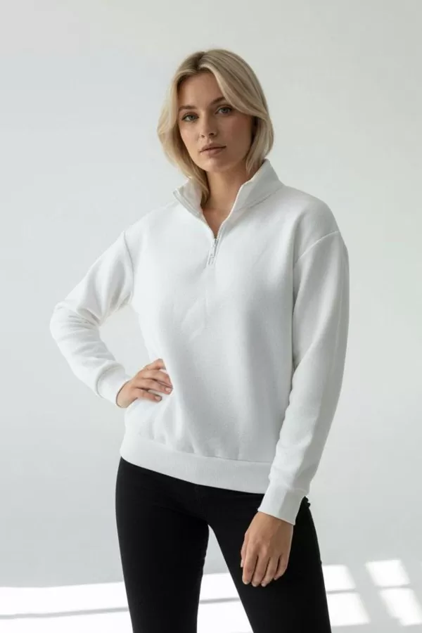 Beyaz Pamuklu Üç İplik Şardonlu Kadın Sweatshirt