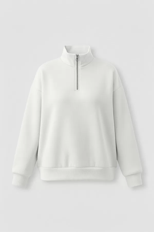 Beyaz Pamuklu Üç İplik Şardonlu Kadın Sweatshirt