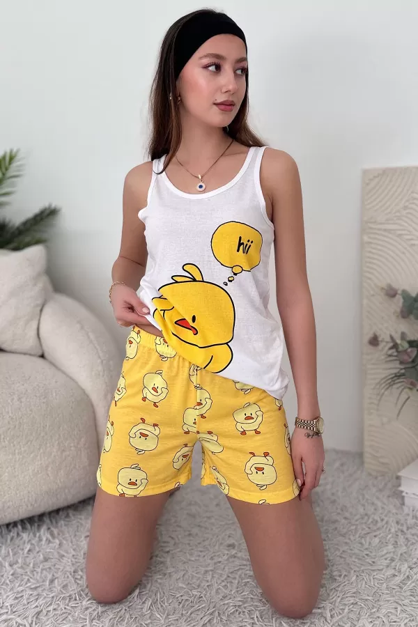 Beyaz Sarı Pamuklu Şort Atlet Kadın Pijama Takımı