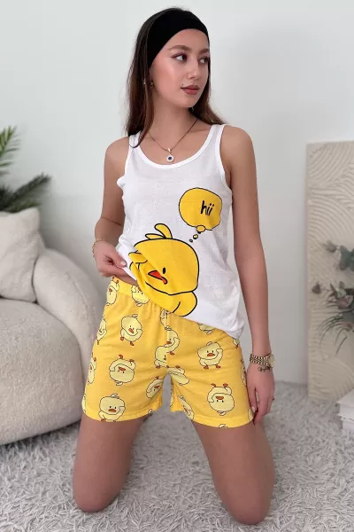 Beyaz Sarı Pamuklu Şort Atlet Kadın Pijama Takımı