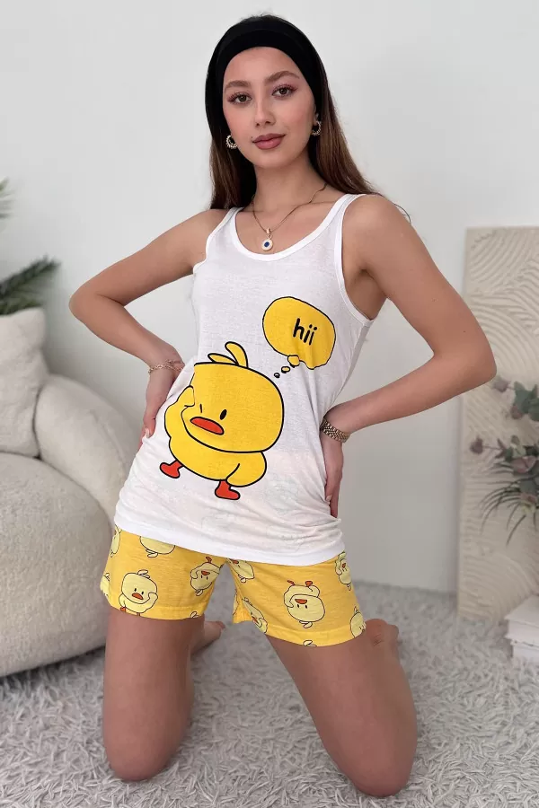 Beyaz Sarı Pamuklu Şort Atlet Kadın Pijama Takımı