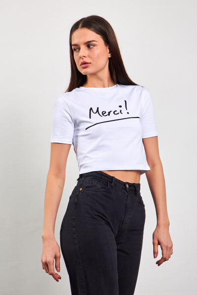 Beyaz Siyah Crop Top Tişört