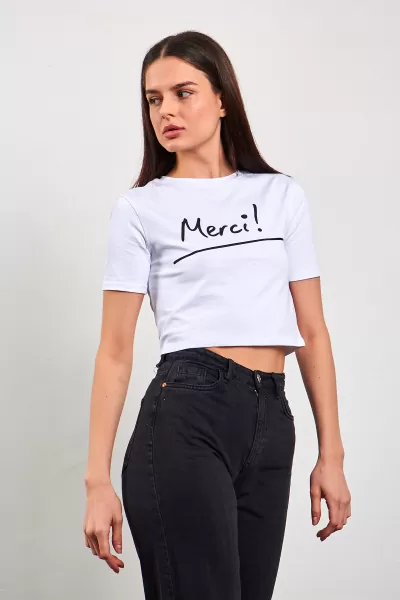 Beyaz Siyah Crop Top Tişört