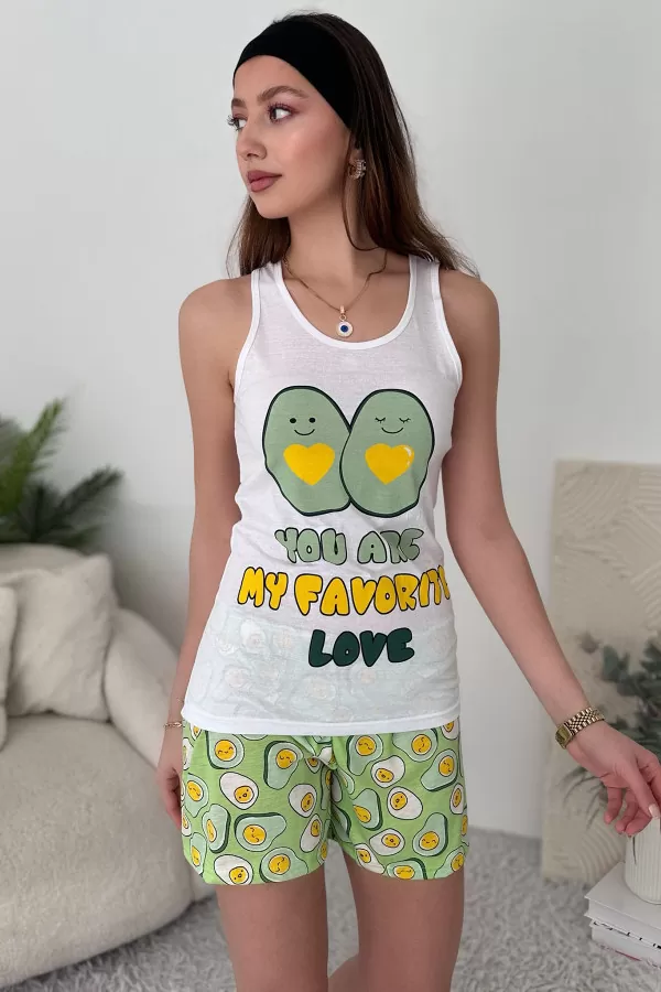 Beyaz Yeşil Pamuklu Şort Atlet Kadın Pijama Takımı
