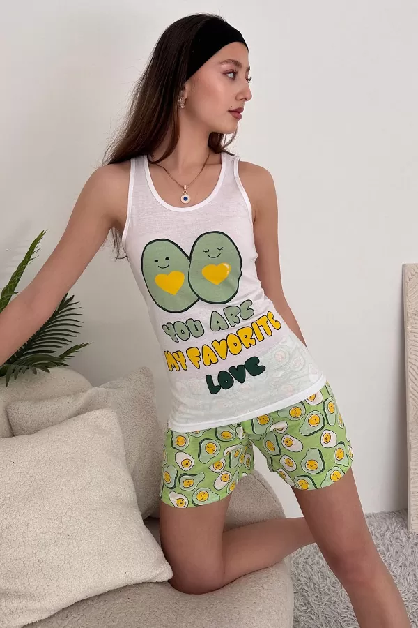 Beyaz Yeşil Pamuklu Şort Atlet Kadın Pijama Takımı