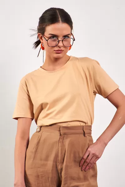 Bisiklet Yaka Basic Bej Kadın Tişört