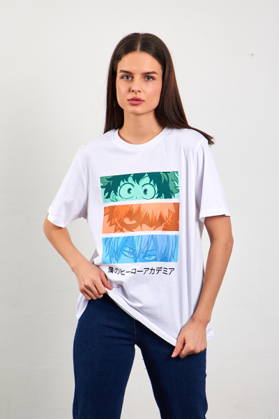 Bisiklet Yaka Baskılı Beyaz Kadın Tişört