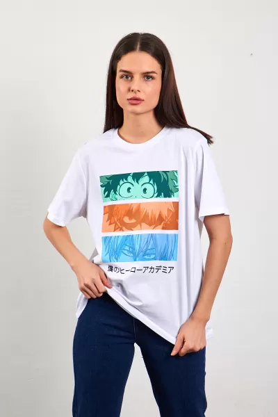 Bisiklet Yaka Baskılı Beyaz Kadın Tişört