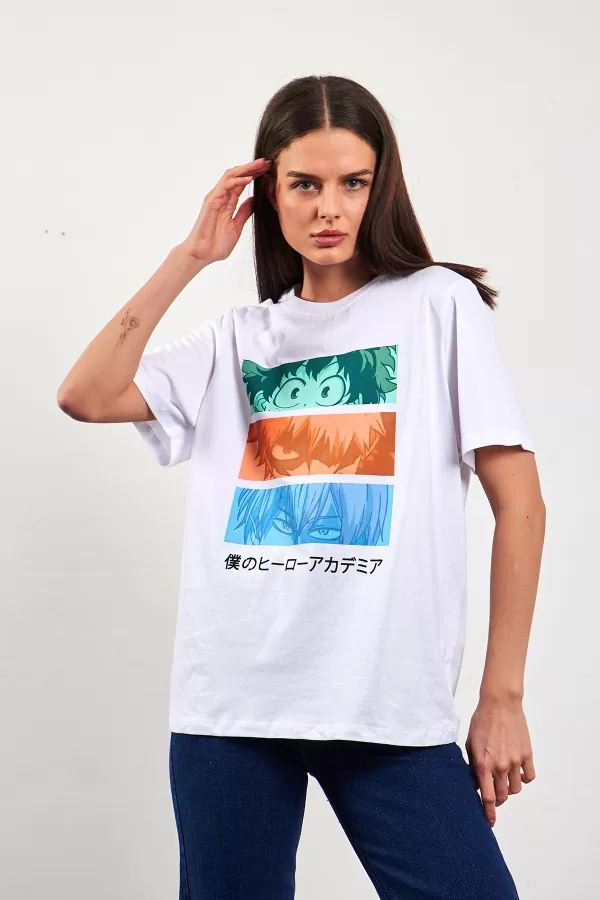 Bisiklet Yaka Baskılı Beyaz Kadın Tişört