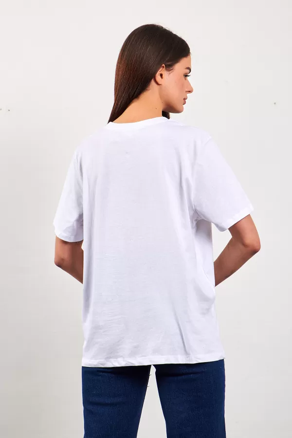 Bisiklet Yaka Baskılı Beyaz Kadın Tişört