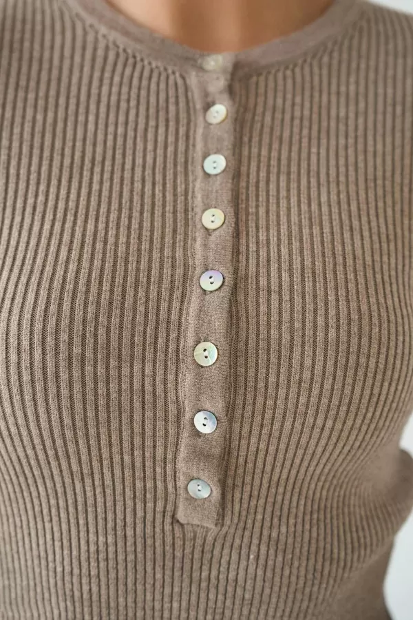 Bisiklet Yaka Düğmeli Bej Triko Kadın Kazak