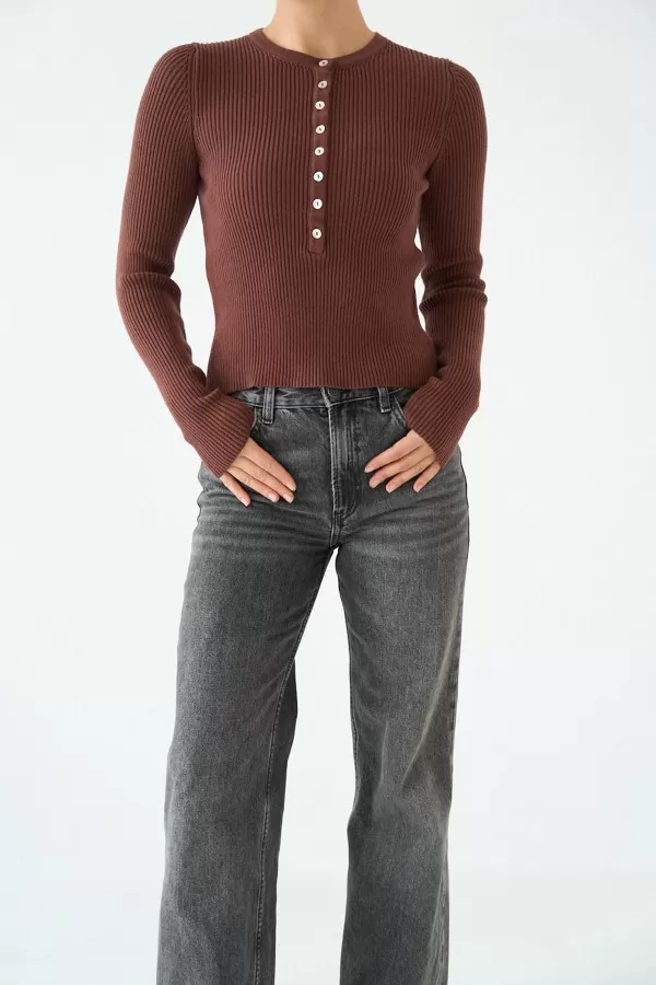 Bisiklet Yaka Düğmeli Kahverengi Triko Kadın Kazak