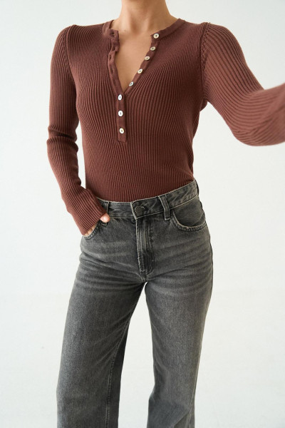 Bisiklet Yaka Düğmeli Kahverengi Triko Kadın Kazak