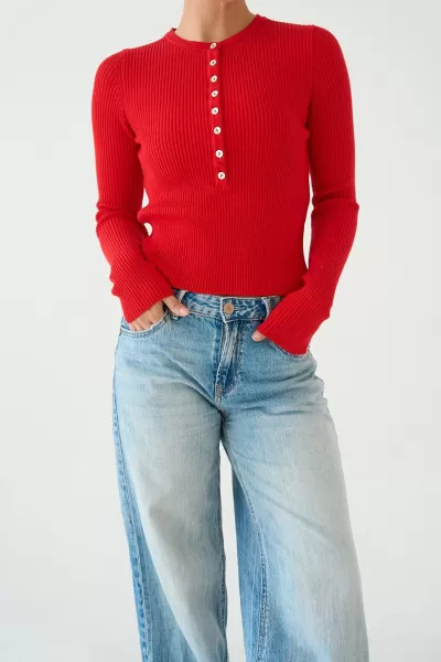 Bisiklet Yaka Düğmeli Kırmızı Triko Kadın Kazak