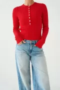 Bisiklet Yaka Düğmeli Kırmızı Triko Kadın Kazak