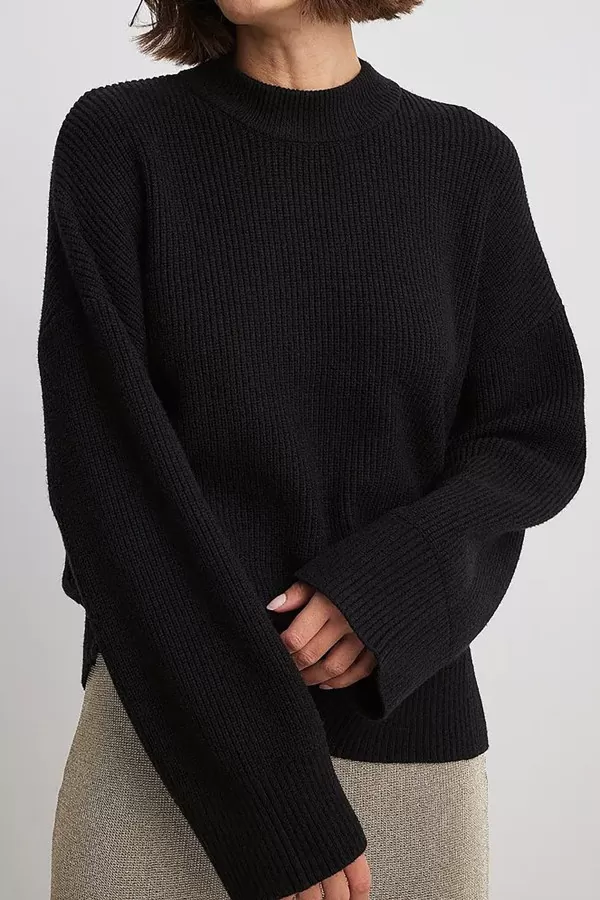 Bisiklet Yaka Rahat Kesim Siyah Triko Kadın Kazak