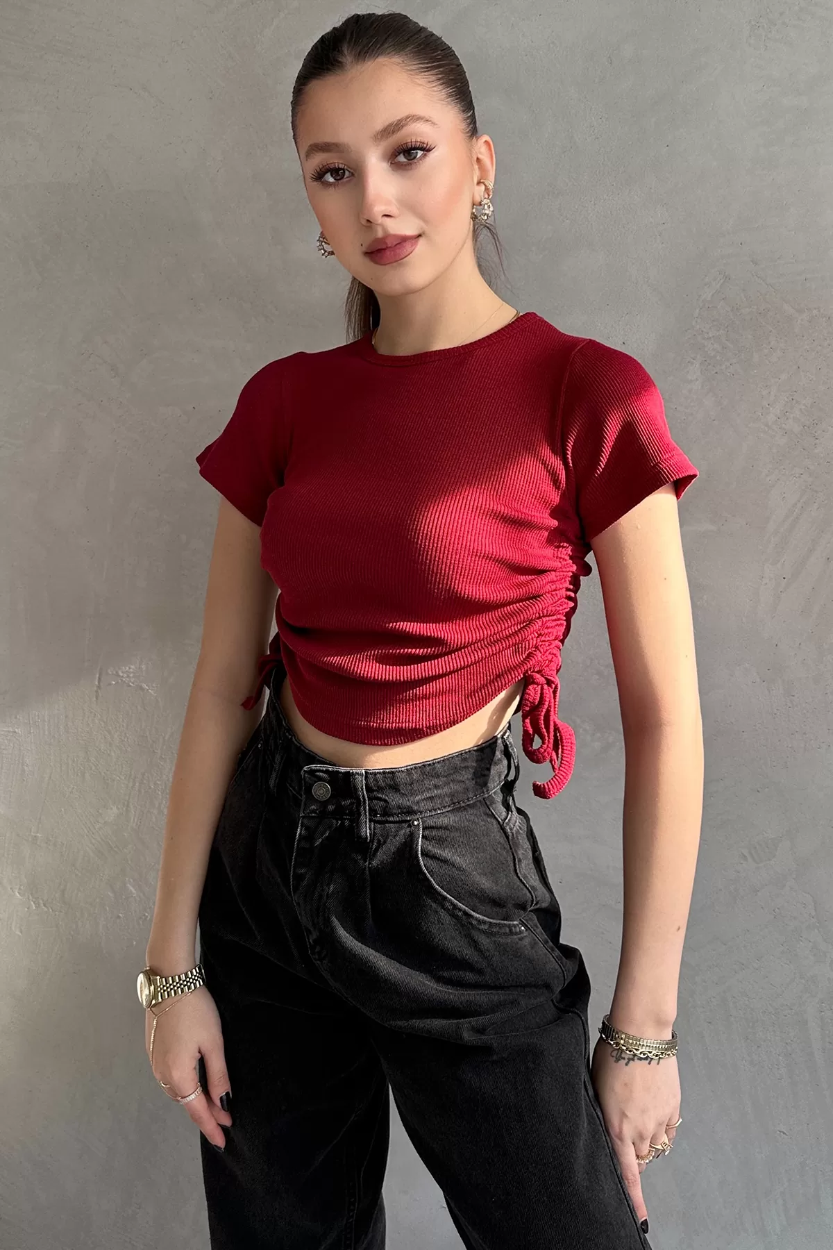 Bordo Asansörlü Kaşkorse Bluz