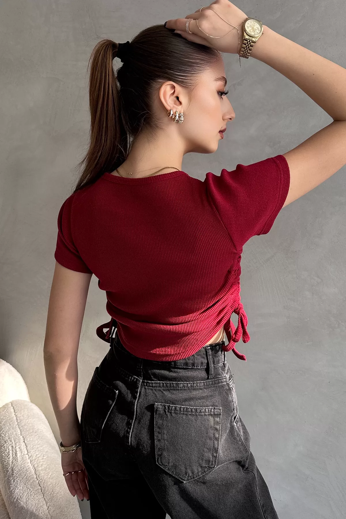 Bordo Asansörlü Kaşkorse Bluz