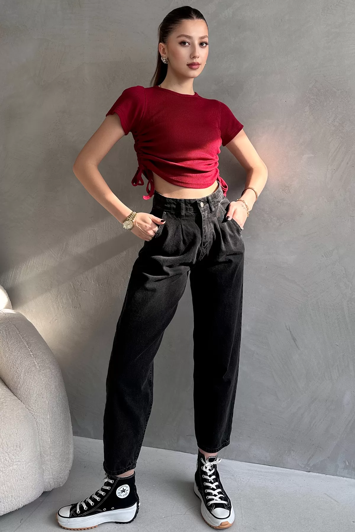 Bordo Asansörlü Kaşkorse Bluz