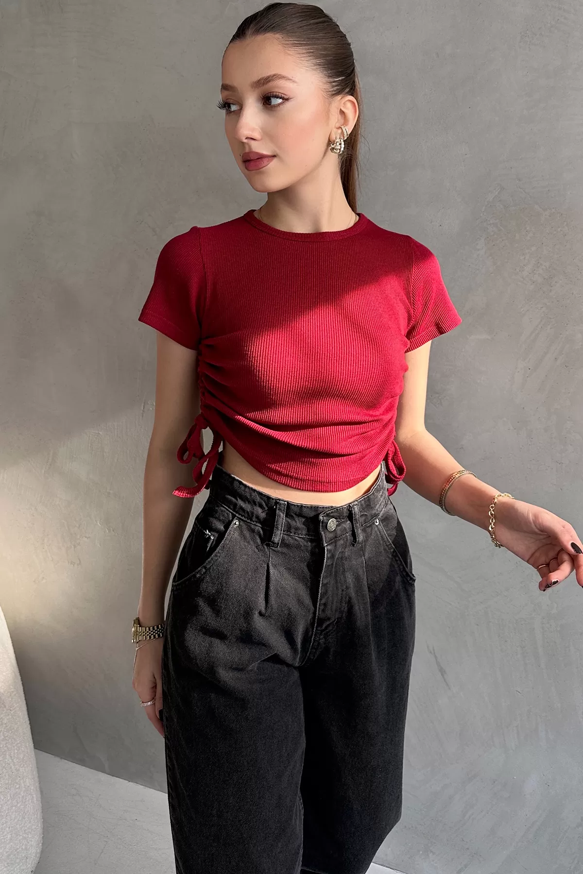 Bordo Asansörlü Kaşkorse Bluz