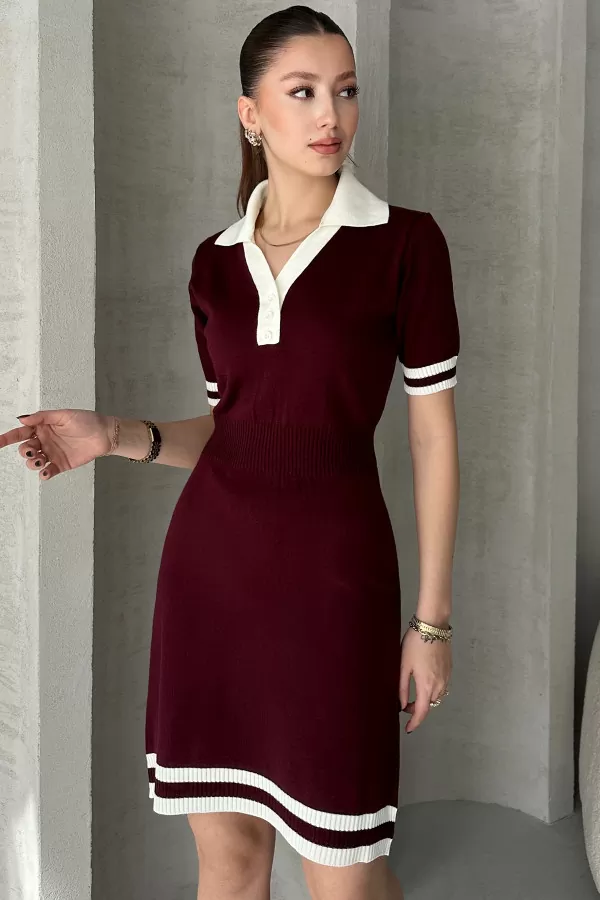 Bordo Beyaz Triko Gömlek Yaka Kısa Elbise