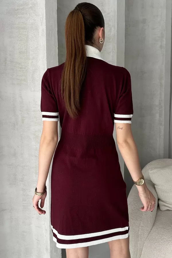 Bordo Beyaz Triko Gömlek Yaka Kısa Elbise