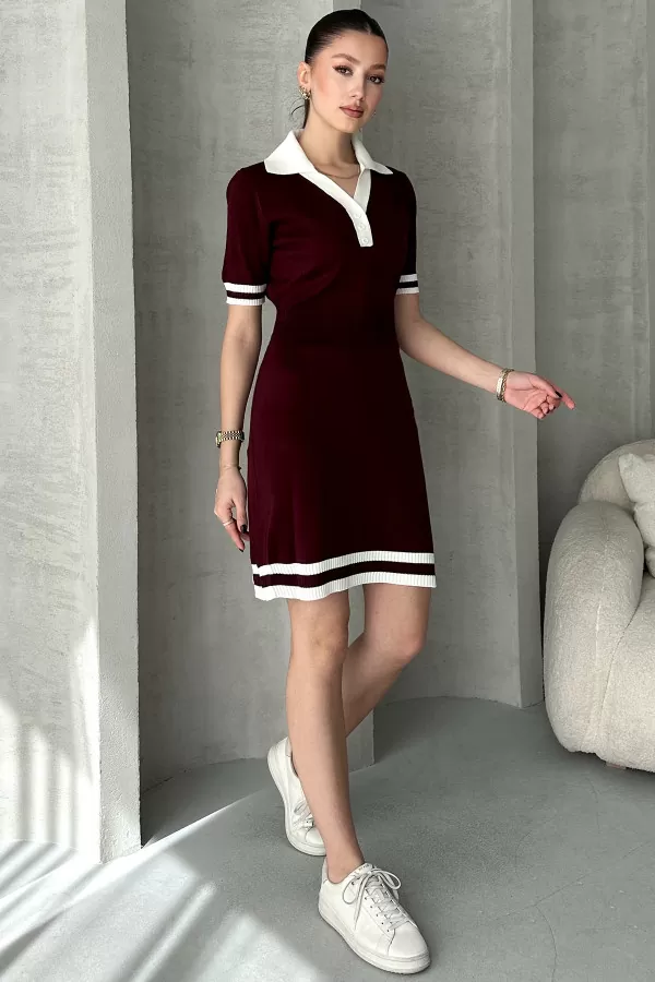 Bordo Beyaz Triko Gömlek Yaka Kısa Elbise