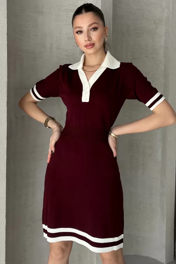 Bordo Beyaz Triko Gömlek Yaka Kısa Elbise