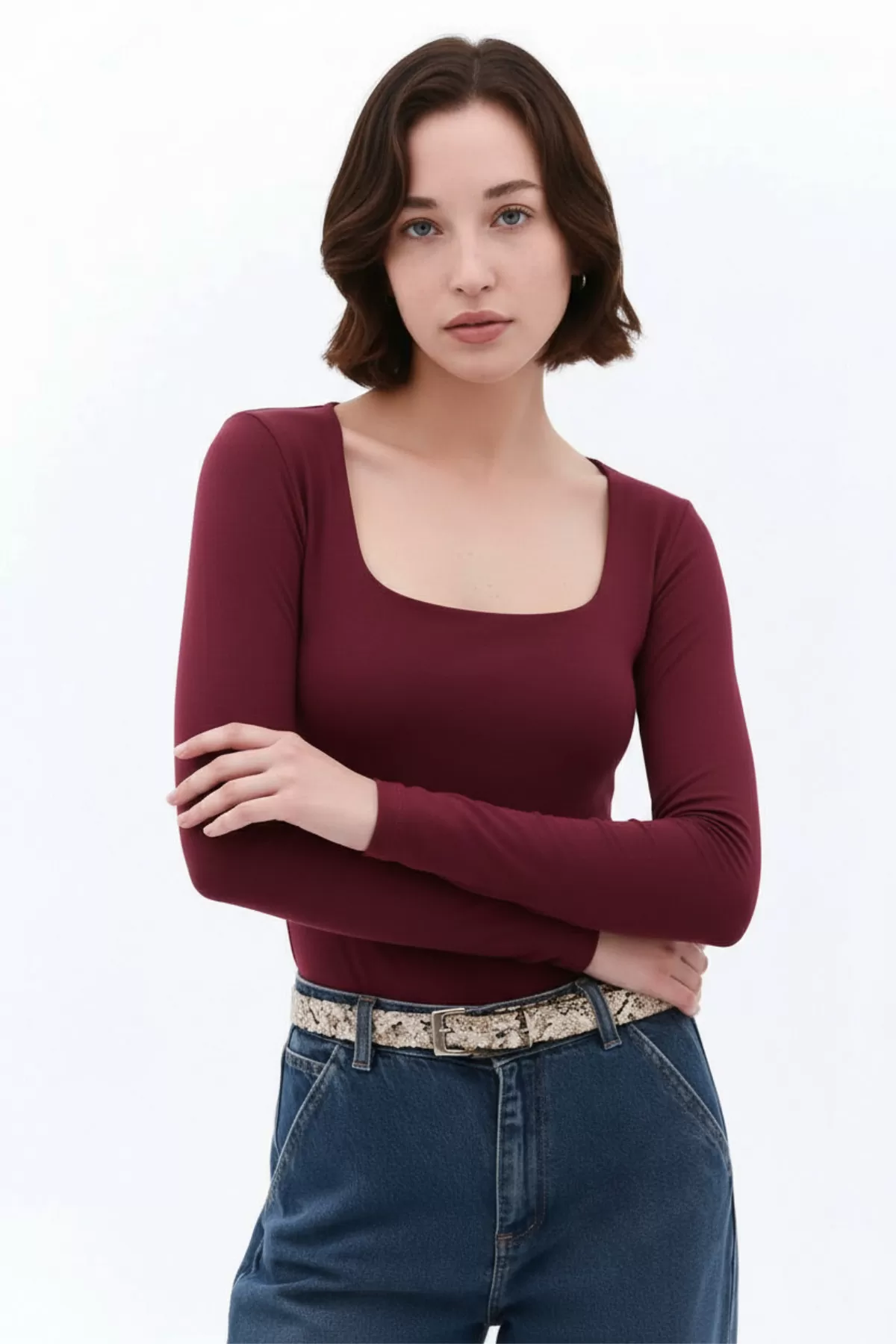 Bordo Buzzy Kumaş Kare Yaka Body