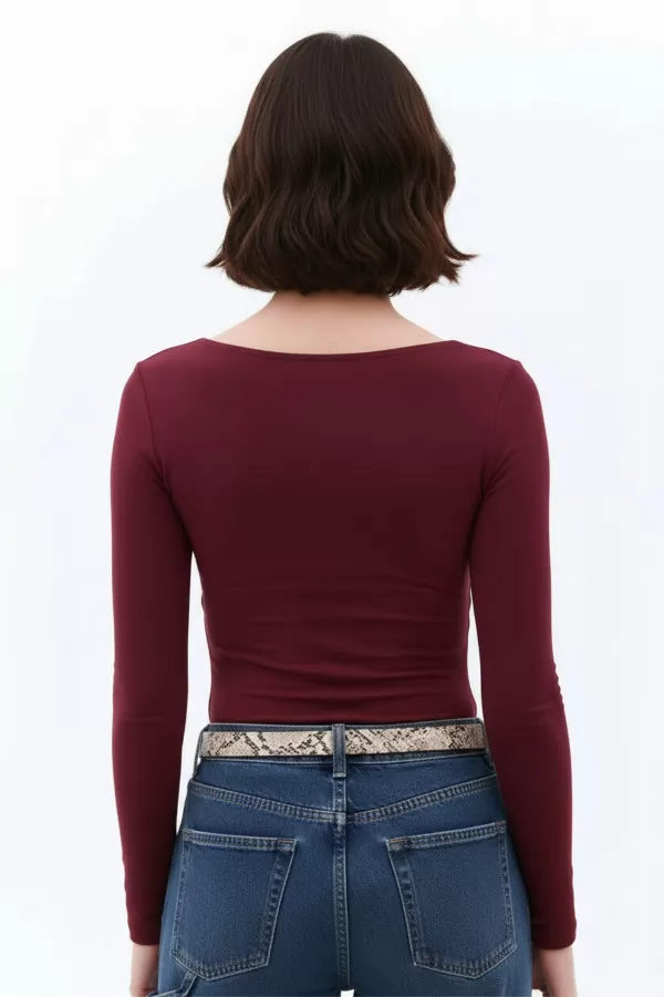 Bordo Buzzy Kumaş Kare Yaka Body