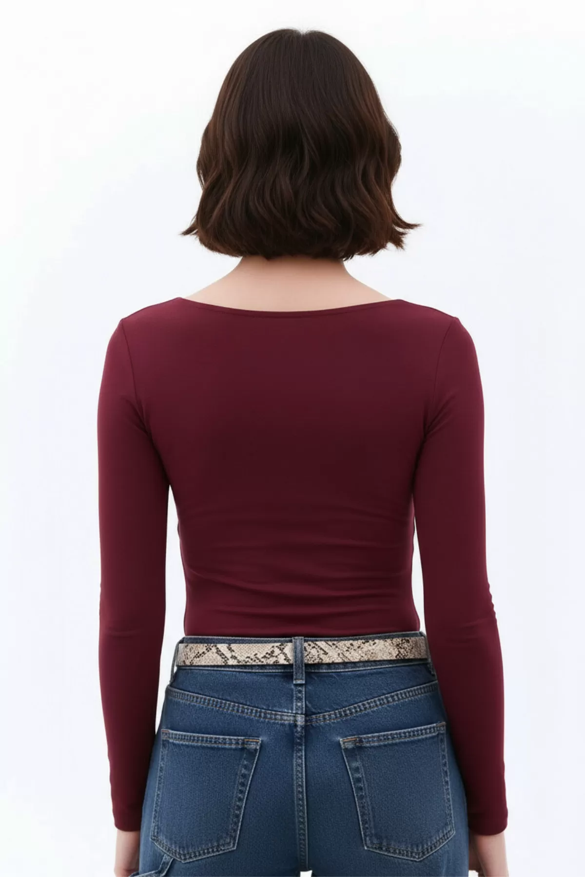 Bordo Buzzy Kumaş Kare Yaka Body