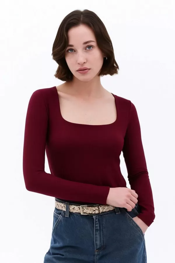 Bordo Buzzy Kumaş Kare Yaka Body