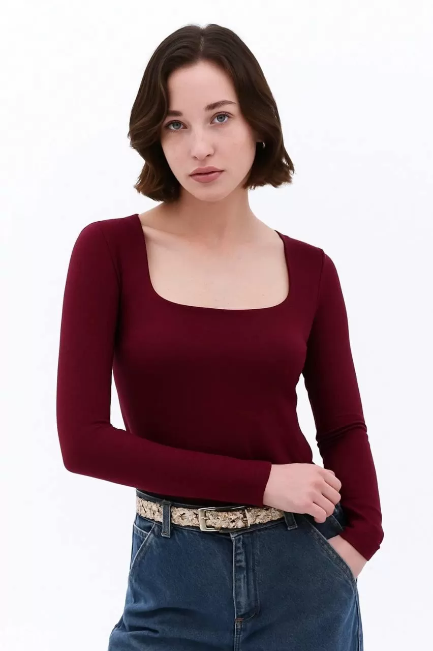 Bordo Buzzy Kumaş Kare Yaka Body