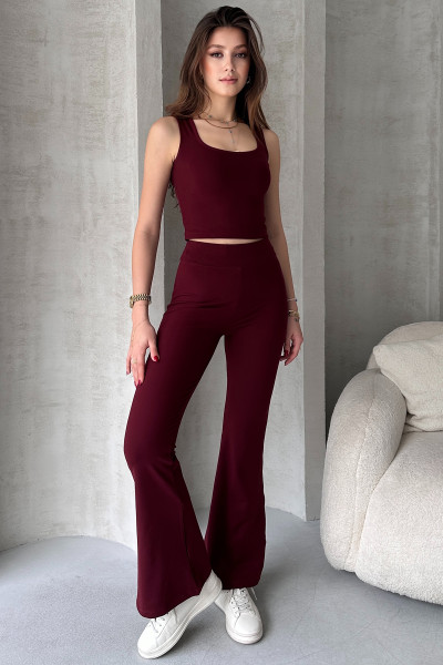 Bordo Dalgıç Kumaş Crop Pantolon İkili Takım