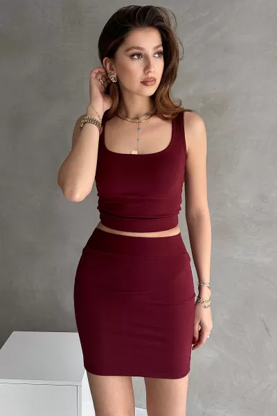 Bordo Dalgıç Kumaş Mini Etek Crop Bluz İkili Takım