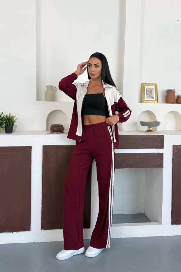 Bordo Ekru Modal Kumaş Kadın Eşofman Takımı