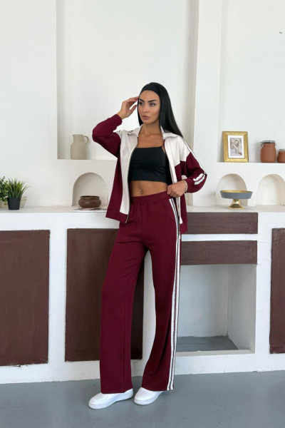 Bordo Ekru Modal Kumaş Kadın Eşofman Takımı