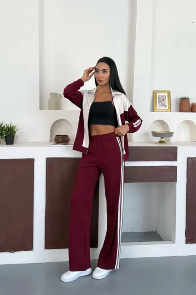 Bordo Ekru Modal Kumaş Kadın Eşofman Takımı