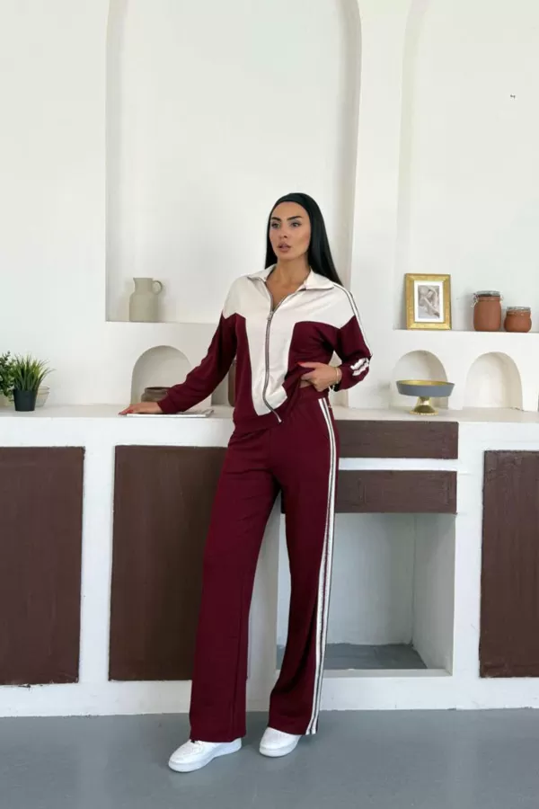 Bordo Ekru Modal Kumaş Kadın Eşofman Takımı