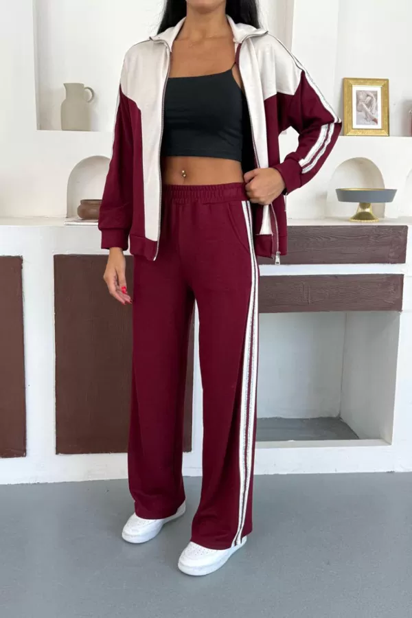 Bordo Ekru Modal Kumaş Kadın Eşofman Takımı