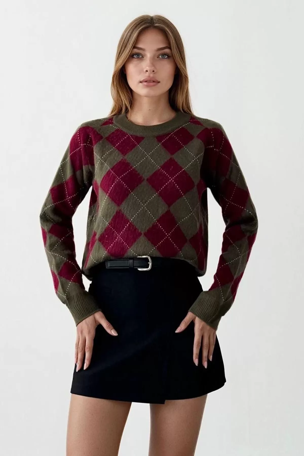 Bordo Gri Baklava Desenli Triko Kadın Kazak