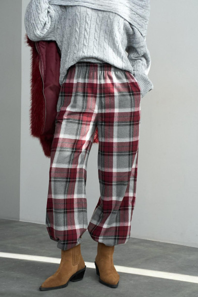 Bordo Gri Yünlü Ekose Kadın Pantolon
