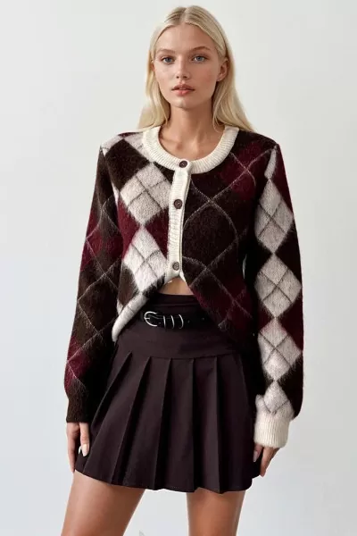 Bordo Kahve Baklava Desenli Triko Kadın Hırka