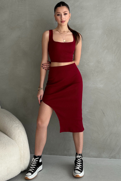 Bordo Kaşkorse Crop Etek Takım