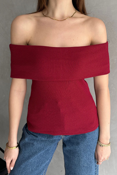 Bordo Madonna Yaka Kısa Kollu Bluz